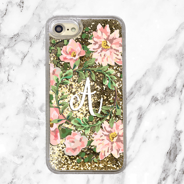 Custom Floral Wreath Initial Gold Glitter Phone Case
