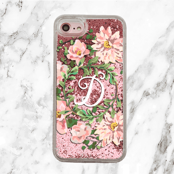 Custom Floral Wreath Initial Pink Glitter Phone Case