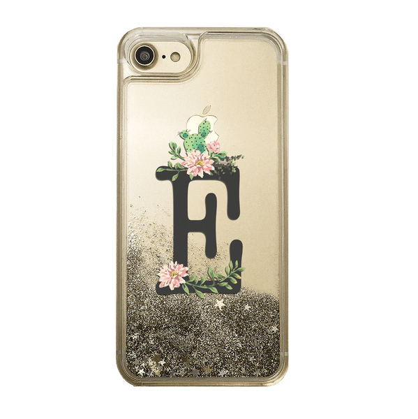 Custom Floral Cactus with Initial Gold Glitter Phone Case