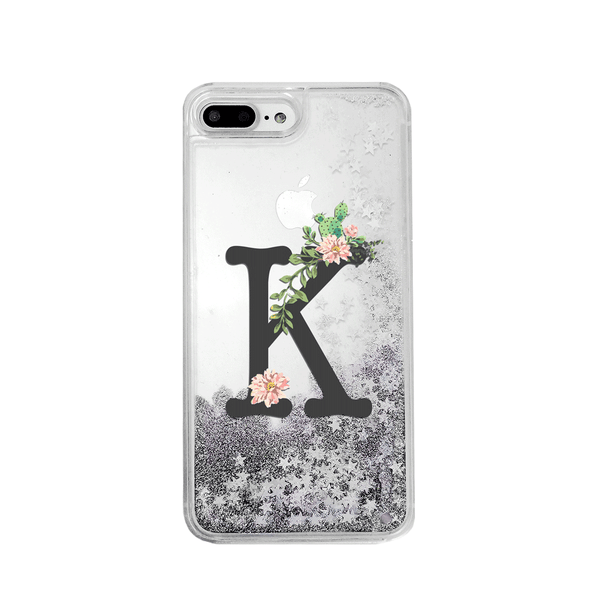 Custom Floral Cactus with Initial Silver Glitter Phone Case