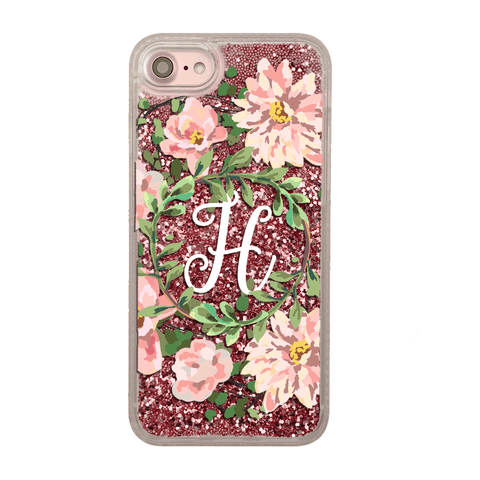 Custom Floral Wreath with Initial Pink Glitter iPhone Case