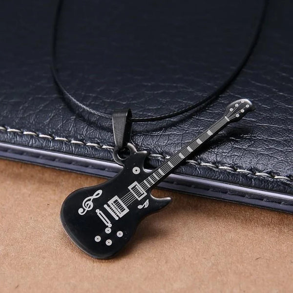 Custom Engraved Black Guitar Pendant Necklace Set