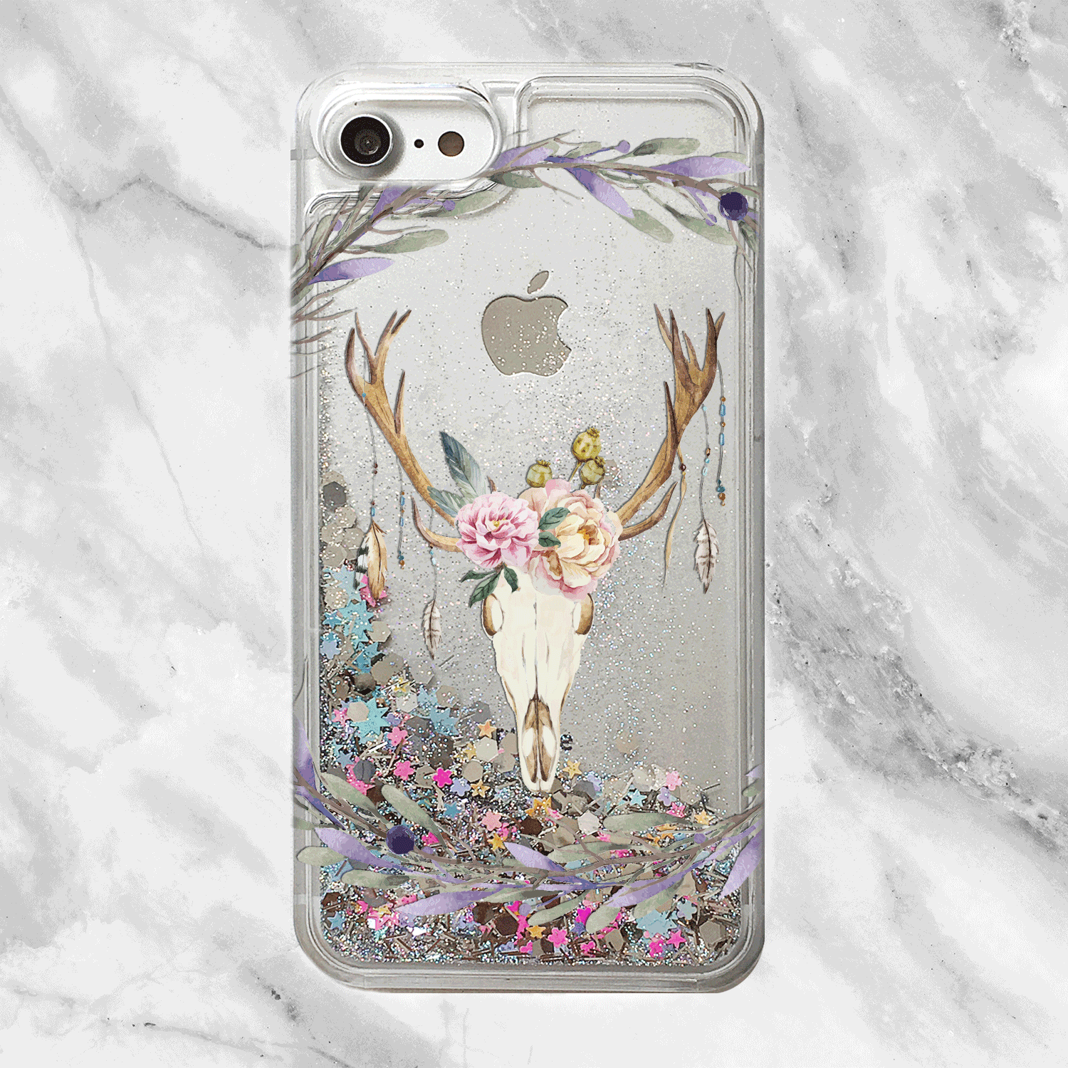 Floral Deer Skull Glitter iPhone Case