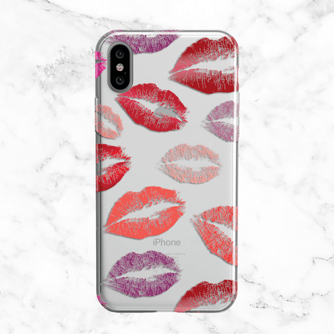 Red Lipstick Kisses - Lip Marks on Clear TPU Phone Case