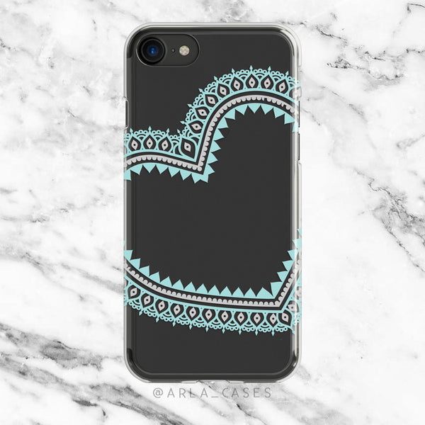 Mint Blue Lace Heart on Clear Printed iPhone Case