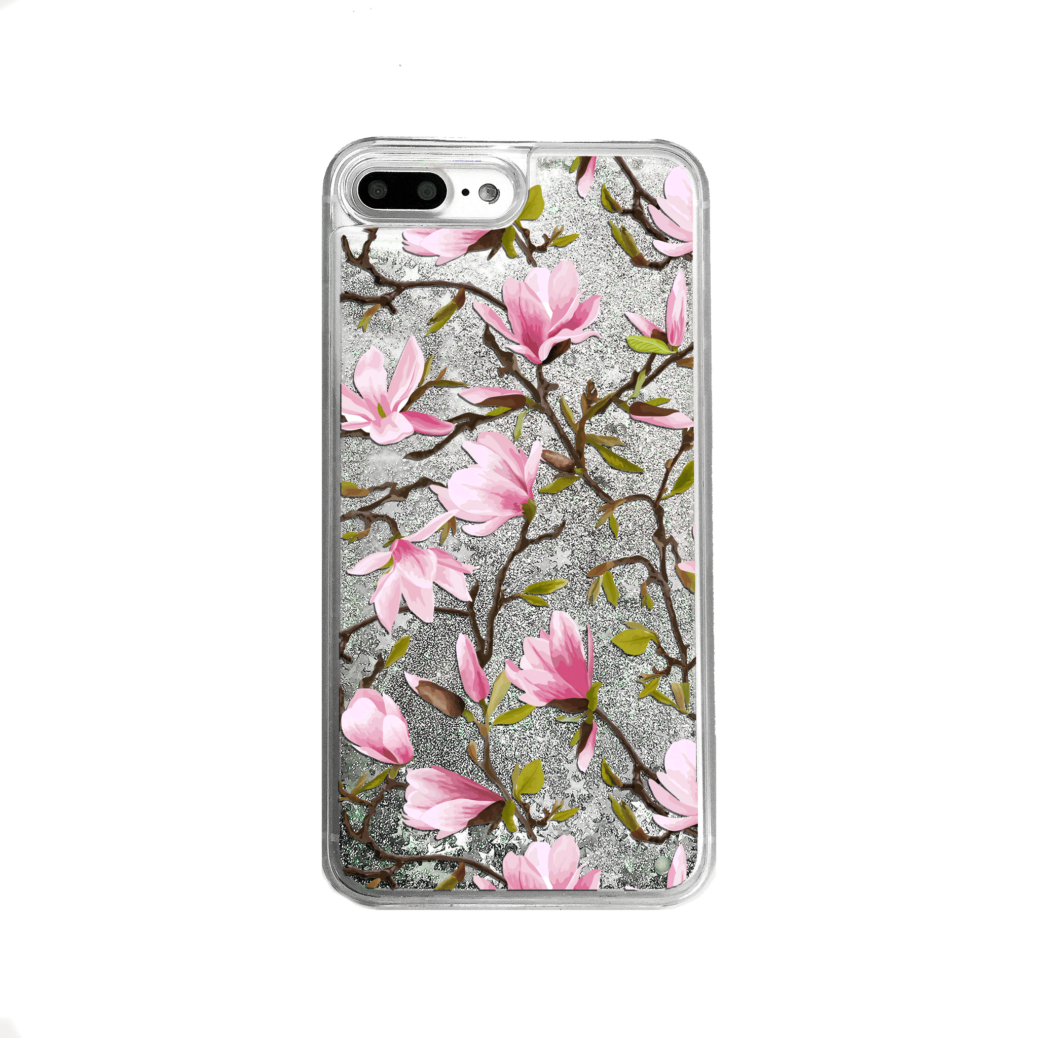 Silver Glitter Pink Magnolia Flowers iPhone Case