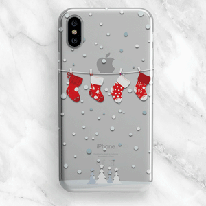 Winter Christmas Phone Case with Snow and Red Stockings on a Line