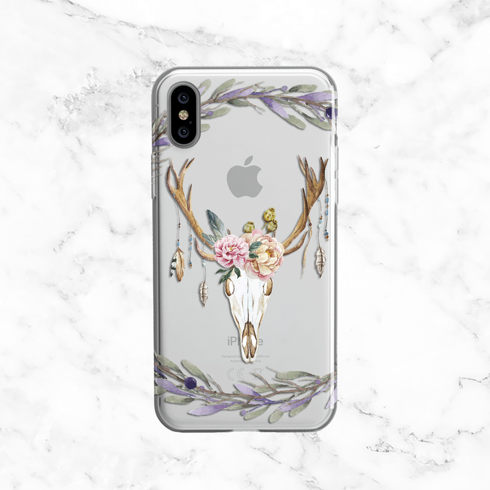 Watercolor Floral Deer Skull- Clear TPU Case