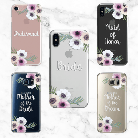 Wedding Party Set of 5 Anemone Flower Cases - Clear Printed TPU
