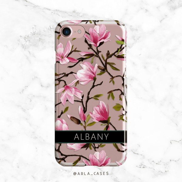 Custom Name Pink Magnolias Clear iPhone and Galaxy Phone Case