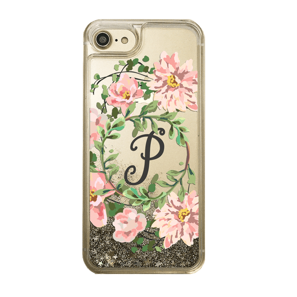 Custom Floral Wreath with Initial Gold Glitter Phone Case