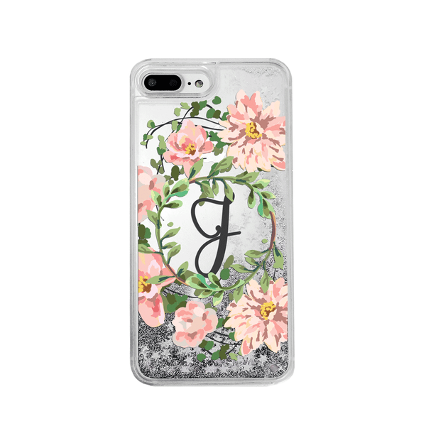 Custom Floral Wreath with Initial Silver Glitter Phone Case