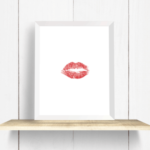 Single red lipstick kiss on white background art print for wall or table