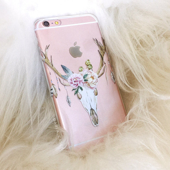 Floral Deer Skull on Clear Printed iPhone Case