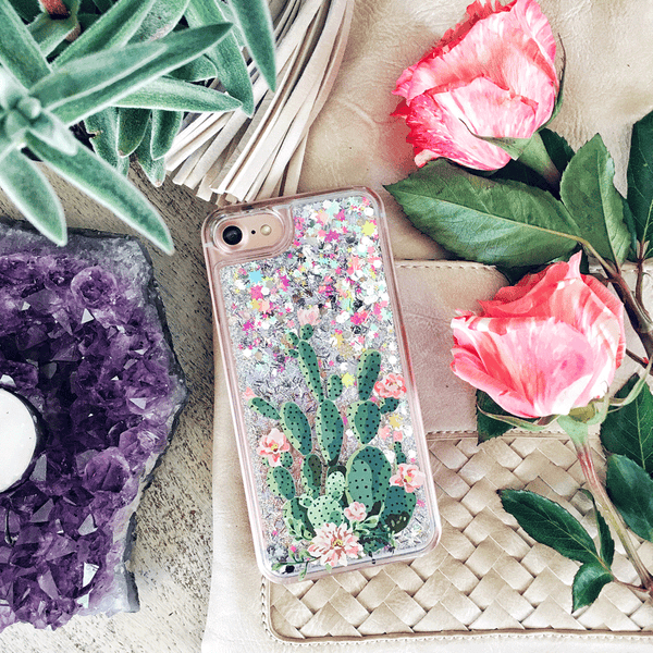 Blooming Prickly Pear on a Rainbow Glitter Phone Case