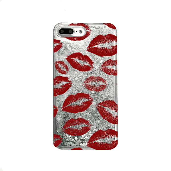 Red Lipstick Kisses Silver Glitter Phone Case