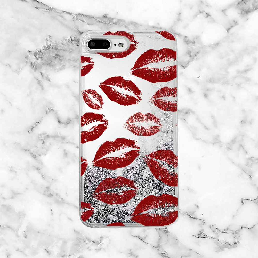 Red Lipstick Kisses Glitter iPhone Case