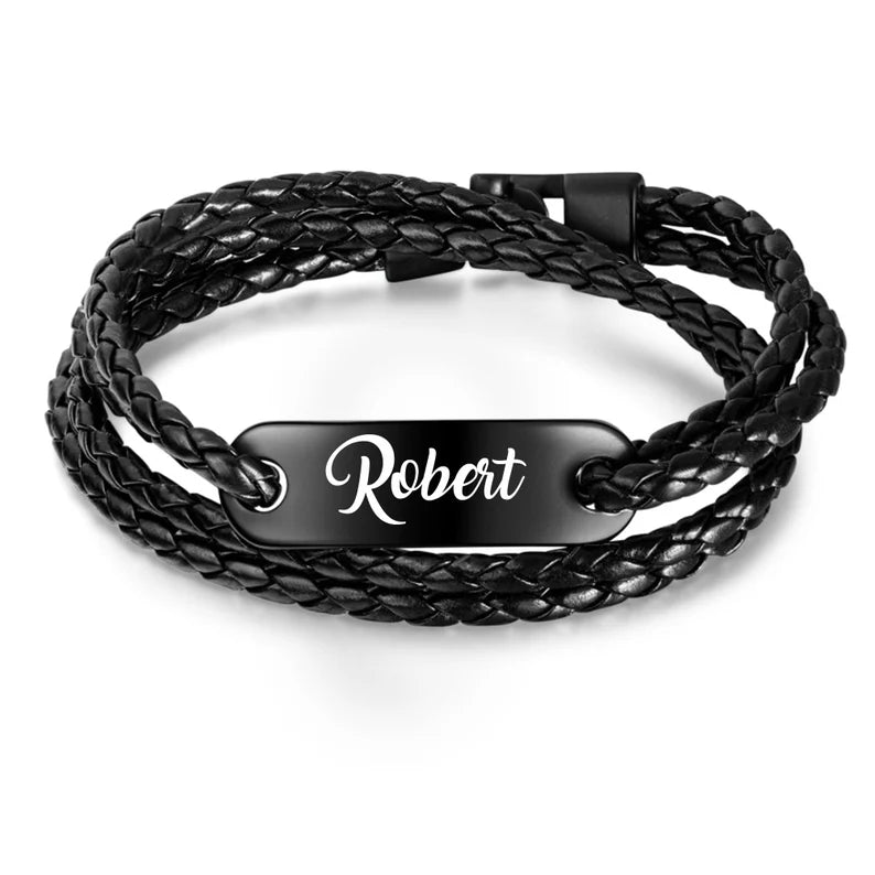 Personalized Black Braided Wrap Bracelet with ID Bar