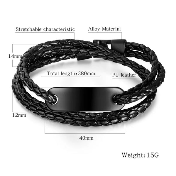Personalized Black Braided Wrap Bracelet with ID Bar