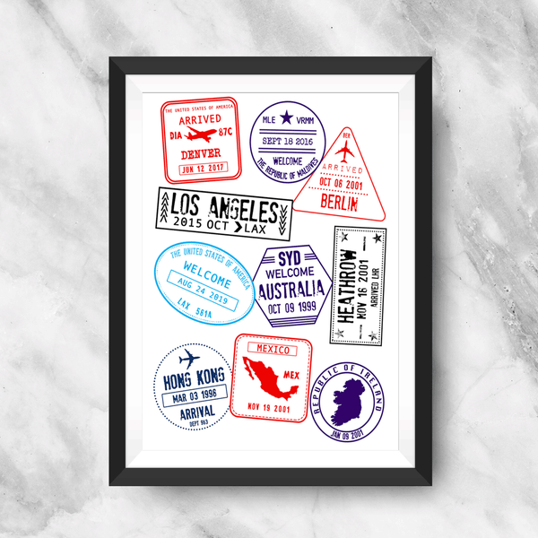 Stamp Me Wanderful Art Print made with custom stamps to depict your locations, dates, and airport codes. four color options include traditional, black, pink, and rainbow. 
