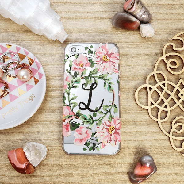 Custom Floral Initials Clear iPhone and Galaxy Case