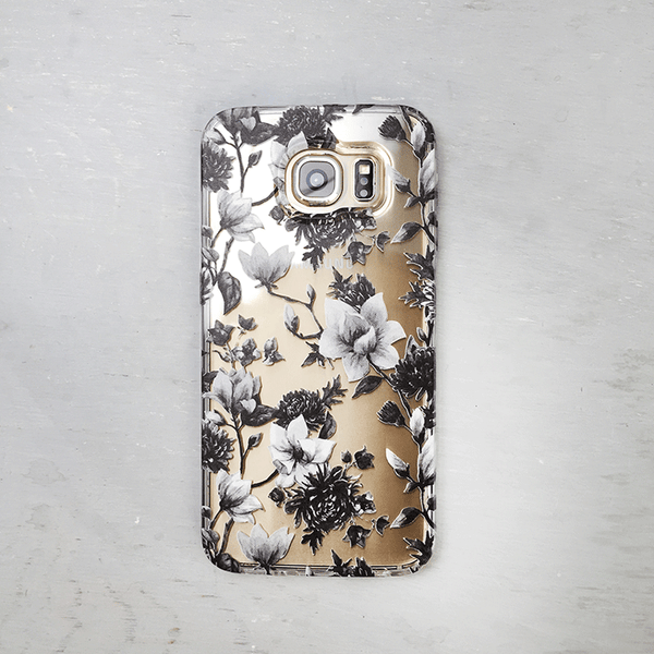 Black and White Magnolia Flowers Clear Galaxy Phone Case